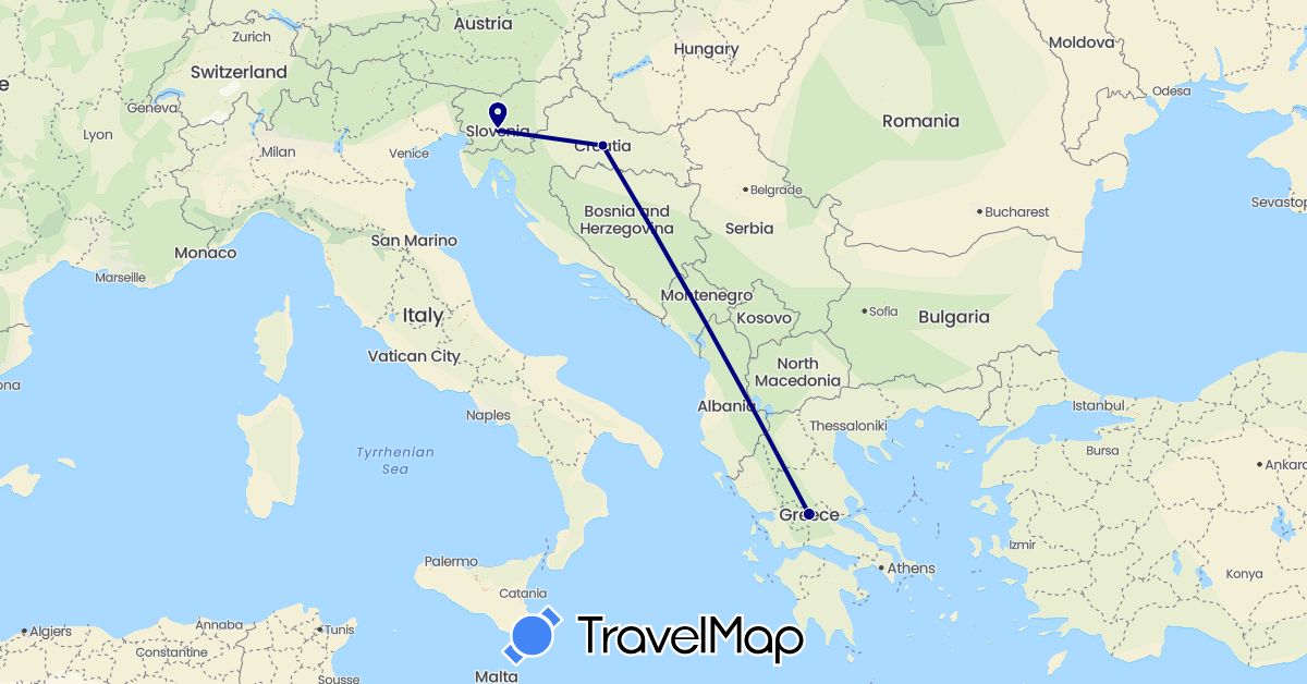 TravelMap itinerary: driving in Greece, Croatia, Slovenia (Europe)